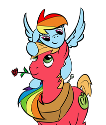 Size: 592x694 | Tagged: artist needed, safe, big macintosh, rainbow dash, earth pony, pony, g4, male, ponies riding ponies, pony hat, riding, rose, ship:rainbowmac, shipping, stallion, straight