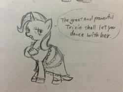 Size: 1024x768 | Tagged: safe, artist:tebasaki, trixie, pony, unicorn, g4, blushing, clothes, dialogue, dress, monochrome, traditional art