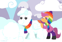 Size: 1000x682 | Tagged: safe, artist:coggler, scootaloo, g4, boots, clothes, coat, female, hat, pants, scarf, snow, snowpony, solo, winter