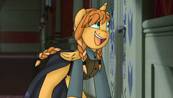 Size: 1191x670 | Tagged: safe, artist:namyg, pony, anna, door, freckles, frozen (movie), ponified, solo