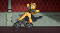 Size: 1191x670 | Tagged: safe, artist:namyg, pony, anna, bicycle, freckles, frozen (movie), ponified, solo