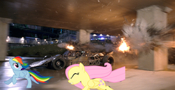 Size: 2000x1023 | Tagged: safe, fluttershy, rainbow dash, g4, fast, irl, photo, ponies in real life