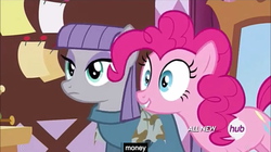 Size: 1280x716 | Tagged: safe, screencap, maud pie, pinkie pie, g4, maud pie (episode), all new, carousel boutique, dish towel, greed, grin, hub logo, lip bite, meme, money, smiling, sticky note, wide eyes, youtube caption