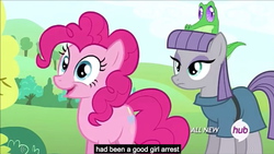 Size: 1276x719 | Tagged: safe, screencap, gummy, maud pie, pinkie pie, g4, maud pie (episode), hub logo, meme, youtube caption