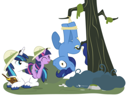 Size: 1200x920 | Tagged: safe, artist:dm29, night light, shining armor, twilight sparkle, g4, book, brother and sister, cute, excited, father and daughter, father and son, female, filly, frown, grin, hat, julian yeo is trying to murder us, male, pith helmet, prone, pronking, rope, simple background, smiling, snare, suspended, transparent background, trio, twiabetes, upside down, wide eyes