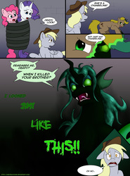 Size: 947x1280 | Tagged: safe, artist:thedigodragon, derpy hooves, pinkie pie, queen chrysalis, rarity, changeling, pegasus, pony, g4, comic, female, hat, judge doom, mare, parody, rope, who framed roger rabbit