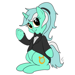 Size: 1500x1500 | Tagged: safe, artist:silver1kunai, lyra heartstrings, pony, unicorn, g4, alternate hairstyle, bow, clothes, cute, female, frock coat, looking at you, ponytail, sitting, smiling, solo, tuxedo, underhoof, waving