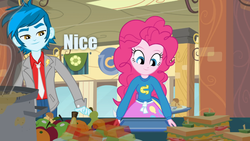Size: 960x540 | Tagged: safe, pinkie pie, equestria girls, g4, my little pony equestria girls, background human, blue text, cafeteria, caption, clothes, image macro, meme, sweater