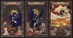 Size: 4638x2441 | Tagged: safe, artist:jackjacko-eponymous, oc, oc only, alicorn, pony, unicorn, alicorn oc, armor, banishment, compilation, crying, female, fight, glowing eyes, magic, mare, spear, spread wings, tapestry, triptych, war, weapon, wings
