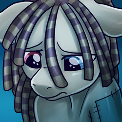 Size: 500x500 | Tagged: safe, artist:pixel-prism, smarty pants, oc, oc:starlit dreams, g4, close-up, disguise, disguised changeling, heterochromia, ponified, sad, solo