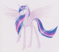 Size: 2446x2165 | Tagged: safe, artist:goldie5999, twilight sparkle, alicorn, pony, g4, colored pencil drawing, female, glowing eyes, high res, mare, older, solo, spread wings, traditional art, twilight sparkle (alicorn), ultimate twilight, wings