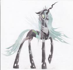 Size: 1024x985 | Tagged: safe, artist:goldie5999, queen chrysalis, changeling, changeling queen, g4, armor, crown, female, jewelry, regalia, solo, traditional art, transparent wings, wings