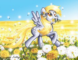 Size: 800x615 | Tagged: safe, artist:for-he-who-is-grand, derpy hooves, pegasus, pony, g4, dandelion, female, field, flower, flower in mouth, grin, mare, mouth hold, signature, smiling, solo