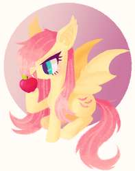 Size: 600x762 | Tagged: safe, artist:auds, fluttershy, g4, apple, female, flutterbat, pixiv, solo, species swap