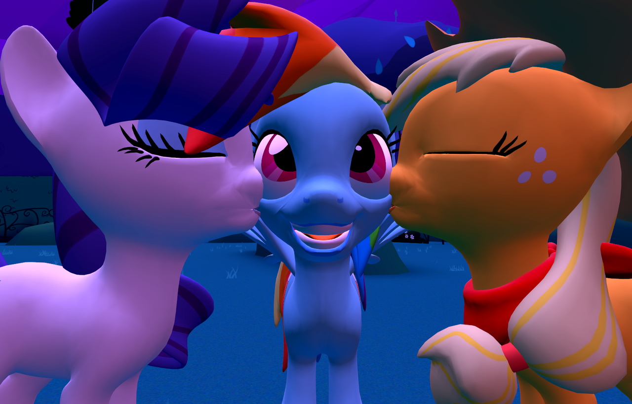 599343 - safe, artist:viranimation, applejack, rainbow dash, rarity, g4,  3d, cheek kiss, female, gmod, kiss sandwich, kissing, lesbian,  rarijackdash, sandwich, ship:appledash, ship:raridash, shipping - Derpibooru