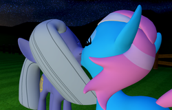 Size: 1600x1024 | Tagged: safe, artist:viranimation, limestone pie, lotus blossom, earth pony, pony, g4, 3d, duo, female, gmod, kiss on the lips, kissing, lesbian, mare, shipping
