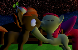 Size: 1600x1024 | Tagged: safe, artist:viranimation, apple bloom, button mash, earth pony, pony, g4, 3d, buttonbloom, colt, duo, female, filly, foal, gmod, kiss on the lips, kissing, male, shipping, straight
