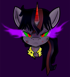 Size: 1500x1632 | Tagged: safe, artist:flam3zero, twilight sparkle, g4, bust, clothes, colored horn, corrupted, corrupted twilight sparkle, curved horn, dark magic, evil, female, horn, looking at you, magic, portrait, solo, sombra eyes, sombra horn, style emulation, torn clothes, tyrant sparkle, yuji uekawa style
