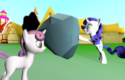 Size: 1600x1024 | Tagged: safe, artist:viranimation, rarity, sweetie belle, tom, g4, 3d, gmod