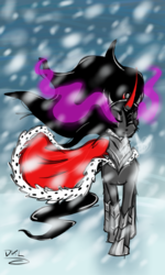 Size: 768x1280 | Tagged: safe, artist:vela112dkl, king sombra, g4, eyes closed, male, sad, snorting, snow, snowfall, solo, winter