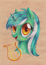 Size: 2452x3428 | Tagged: safe, artist:0okami-0ni, lyra heartstrings, pony, unicorn, g4, female, high res, looking at you, lyre, musical instrument, portrait, smiling, solo, traditional art