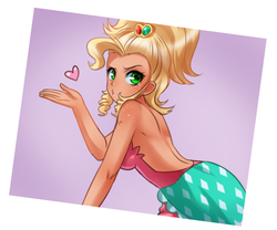 Size: 1229x1023 | Tagged: safe, artist:racoonsan, applejack, human, g4, simple ways, alternate hairstyle, applejewel, back, bare shoulders, blowing a kiss, clothes, dress, duckface, female, freckles, heart, humanized, looking at you, looking back, open-back dress, pictogram, raised eyebrow, scene interpretation, sleeveless, solo, strapless, stupid sexy applejack
