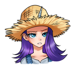 Size: 839x781 | Tagged: safe, artist:racoonsan, rarity, human, g4, simple ways, alternate hairstyle, clothes, female, hat, horn, horned humanization, humanized, overalls, rarihick, scene interpretation, simple background, solo, white background