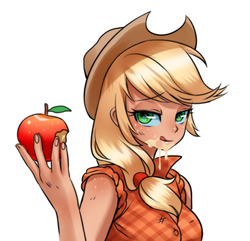 Size: 879x849 | Tagged: safe, artist:racoonsan, applejack, human, g4, simple ways, apple, bedroom eyes, breasts, busty applejack, eating, female, freckles, humanized, implying, juice, juicy, licking lips, looking at you, messy eating, rolled up sleeves, scene interpretation, shoulder freckles, simple background, smiling, solo, tan, tongue out, white background