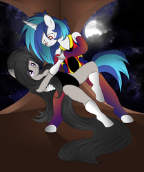 Size: 2223x2658 | Tagged: safe, artist:v-d-k, dj pon-3, octavia melody, vinyl scratch, anthro, g4, dancing, duo, female, high res, leotard, lesbian, ship:scratchtavia, shipping