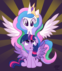 Size: 1975x2263 | Tagged: dead source, safe, artist:php92, princess celestia, twilight sparkle, alicorn, pony, g4, crown, cute, cutelestia, duo, ethereal mane, ethereal tail, female, floppy ears, flowing mane, flowing tail, jewelry, looking at each other, mare, multicolored mane, multicolored tail, purple eyes, regalia, sitting, spread wings, teacher and student, tiara, twiabetes, twilight sparkle (alicorn), wings
