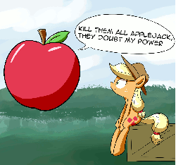 Size: 853x800 | Tagged: safe, artist:whatsapokemon, applejack, earth pony, pony, g4, animated, apple, applejack's hat, cloud, cowboy hat, female, floating, freckles, giant apple, giant produce, grass, hallucination, hat, kill them all, mare, schizophrenia, sitting, sky, smiling, solo, speech bubble, suspicious floating fruit, that pony sure does love apples, tree, wat