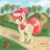 Size: 600x600 | Tagged: safe, artist:doubt, apple bloom, earth pony, pony, g4, apple, bloom butt, blushing, butt, butt blush, female, filly, foal, grin, looking at you, looking back, looking back at you, plot, smiling, solo