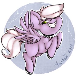 Size: 2038x2048 | Tagged: safe, artist:yukomaussi, oc, oc only, pegasus, pony, choker, ear fluff, flying, grin, high res, horseshoes, smiling, solo, spiked choker, spikes, spread wings