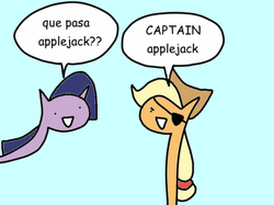 Size: 500x374 | Tagged: safe, artist:wollap, applejack, twilight sparkle, g4, captain jack, comic, eyepatch, hilarious in hindsight, pirate, spanish