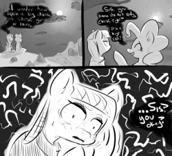 Size: 1280x1160 | Tagged: safe, artist:nobody, maud pie, pinkie pie, g4, comic, mind blown, monochrome, moon