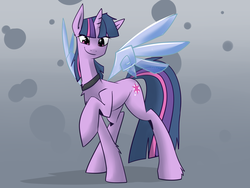 Size: 1280x960 | Tagged: safe, artist:cymek, twilight sparkle, cold blooded twilight, g4, artificial wings, augmented, collar, fairy wings, female, fluffy, looking at you, magic, magic wings, raised hoof, smiling, solo, wings