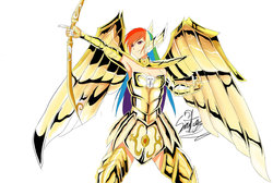 Size: 1024x688 | Tagged: safe, artist:arkanyareth, rainbow dash, human, g4, archer, archer dash, armor, bow (weapon), female, gold cloth, gold saint, humanized, sagittarius, saint seiya, solo