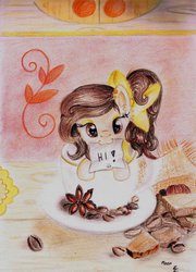 Size: 1024x1423 | Tagged: safe, artist:lailyren, oc, oc only, :3, bow, coffee, coffee beans, cottagecore, cup, cute, eyeshadow, leaning, looking at you, marcepan, micro, mouth hold, note, ponytail, smiling, solo