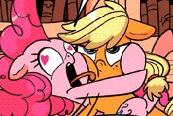 Size: 260x175 | Tagged: safe, artist:superedit, idw, applejack, pinkie pie, earth pony, pony, g4, spoiler:comic, animated, cropped, female, floppy ears, frown, heart eyes, lesbian, licking, mare, open mouth, puffy cheeks, ship:applepie, shipping, tongue out, unamused