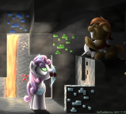 Size: 1600x1450 | Tagged: safe, artist:baitoubaozou, button mash, sweetie belle, earth pony, pony, unicorn, don't mine at night, arrow, colt, cute, diamond, female, filly, foal, gold, happy, iron ore, jewelry, male, minecraft, mouth hold, peytral, pickaxe, shipping, smiling, straight, sweetiemash, tiara