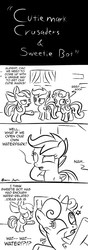 Size: 350x1000 | Tagged: safe, artist:mysticolt, apple bloom, scootaloo, sweetie belle, earth pony, pegasus, pony, robot, robot pony, g4, comic, cutie mark crusaders, female, filly, foal, lineart, monochrome, sweetie bot