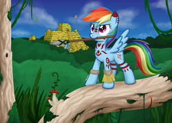 Size: 1150x827 | Tagged: safe, artist:obcor, rainbow dash, g4, barbarian, bodypaint, bracelet, jungle, mayan, mouth hold, paint on fur, pyramid, spear, spread wings, straw, tribal