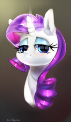 Size: 971x1648 | Tagged: safe, artist:carligercarl, rarity, pony, unicorn, g4, bust, female, lidded eyes, looking at you, mare, portrait, smiling, solo, three quarter view