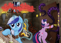 Size: 1250x880 | Tagged: safe, artist:obcor, dj pon-3, minuette, twilight sparkle, vinyl scratch, alicorn, pony, unicorn, g4, door, female, gun, mare, steampunk, tentacles, twilight sparkle (alicorn)