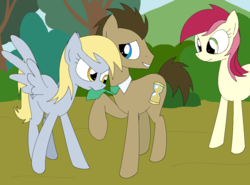 Size: 1151x853 | Tagged: safe, artist:hyolark, derpy hooves, doctor whooves, roseluck, time turner, pegasus, pony, g4, doctor whooves gets all the mares, female, jealous, love triangle, male, mare, ship:doctorderpy, shipping, straight