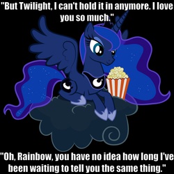 Size: 900x900 | Tagged: safe, princess luna, rainbow dash, twilight sparkle, g4, female, image macro, lesbian, meme, popcorn, ship:twidash, shipping, solo