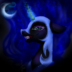 Size: 2000x2000 | Tagged: safe, artist:saoiirse, nightmare moon, g4, eyelashes, fangs, female, high res, painting, portrait, solo