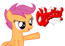 Size: 1550x1100 | Tagged: safe, scootaloo, pegasus, pony, g4, ace attorney, female, filly, foal, objection, pointing, simple background, solo, transparent background