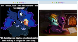 Size: 513x279 | Tagged: safe, princess luna, rainbow dash, twilight sparkle, alicorn, pony, derpibooru, g4, exploitable meme, female, juxtaposition, juxtaposition win, lesbian, mare, meme, meta, ship:twidash, shipping, twilight sparkle (alicorn)