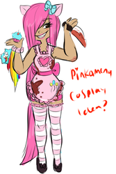 Size: 355x531 | Tagged: safe, artist:plumsweet, pinkie pie, human, fanfic:cupcakes, g4, apron, blood, clothes, eared humanization, female, humanized, knife, pinkamena diane pie, socks, solo, striped socks, tailed humanization